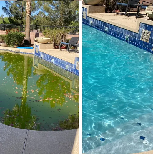Before and after: a green pool full of algae, then clear blue water