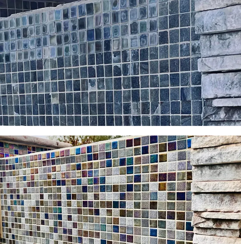 Before and after: pool tile covered in scale, then clean after a professional tile cleaning