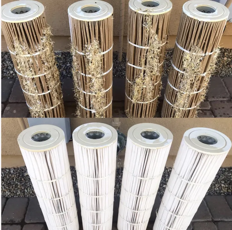 Four dirty cartridge filters above four clean ones