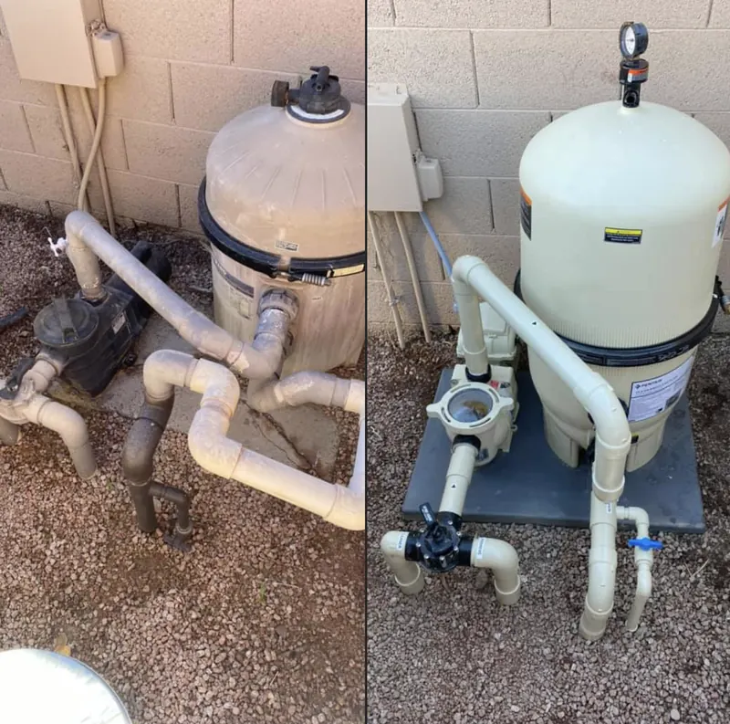Before and after: old, worn pool equipment next to the new filter and plumbing Roman Pools installed